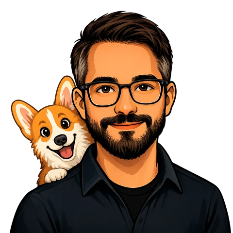 Illustrated portrait of the developer behind Limited Time Studio with a corgi