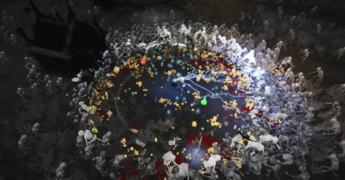 A game scene with a character surrounded by a large horde of skeletons